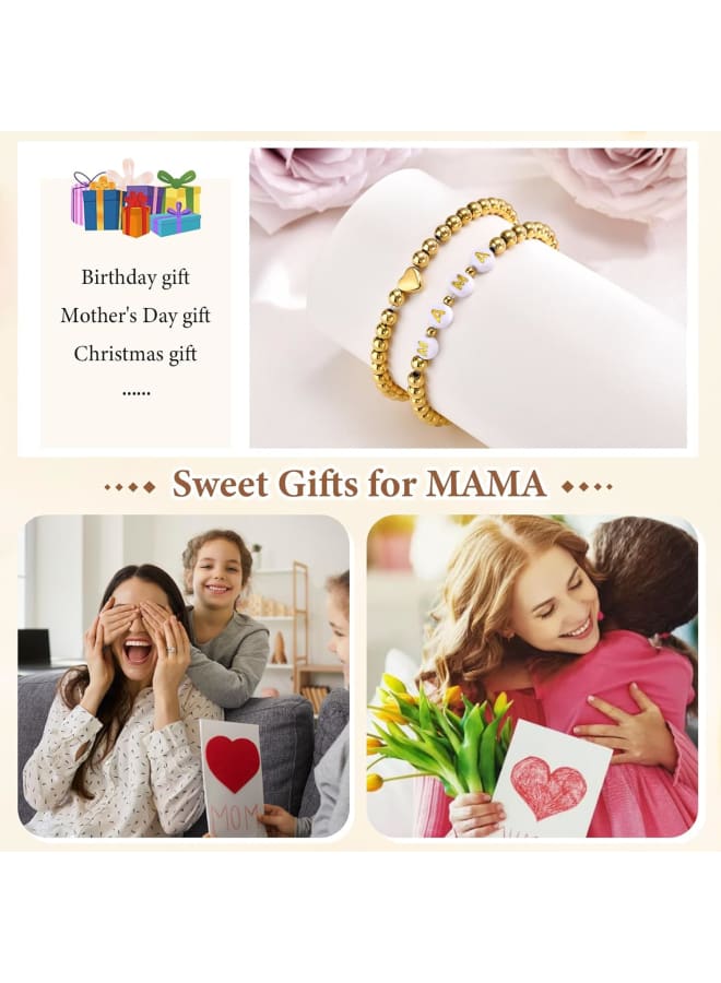 Trendy Gold Bracelets for Women : 2 Pcs 14k Gold Plated Stainless Steel Beaded Heart Mom/Daughter/Nana/ Mama/Sister Stacking Stretch Bracelets Jewelry Love Gifts for Mother's Day Graduation Birthday - Image 5