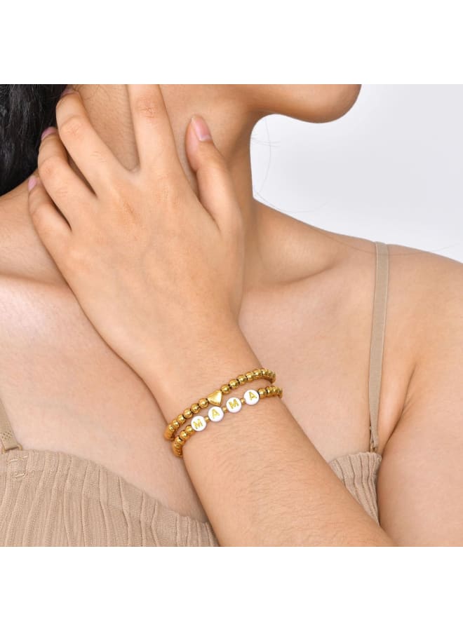 Trendy Gold Bracelets for Women : 2 Pcs 14k Gold Plated Stainless Steel Beaded Heart Mom/Daughter/Nana/ Mama/Sister Stacking Stretch Bracelets Jewelry Love Gifts for Mother's Day Graduation Birthday - Image 2