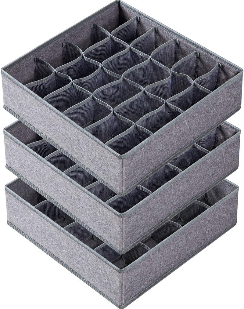 Criusia 3 Pack Modern Drawer Organizers, 64 Cell Fabric Foldable Cabinet Closet Organizers and Storage Boxes for Storing Socks, Underwear, Ties (16+24+24 Cell, Grey) - Image 1