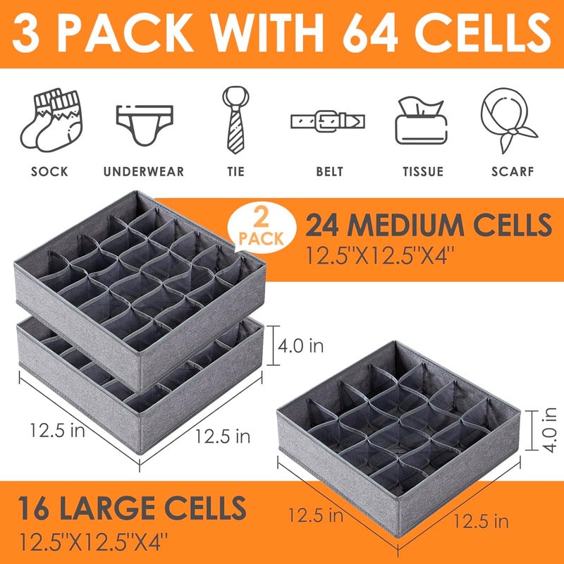 Criusia 3 Pack Modern Drawer Organizers, 64 Cell Fabric Foldable Cabinet Closet Organizers and Storage Boxes for Storing Socks, Underwear, Ties (16+24+24 Cell, Grey) - Image 2