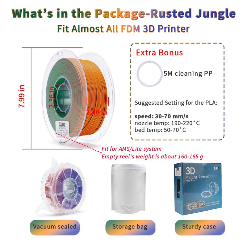 ZIRO Matte Tri-Colors PLA Filament, Magic Color Change Filament 1.75mm, Color Change by Angle 3D Printer Filament, Dimensional Accuracy +/-0.03mm, Fit Most 3D Printer, Matte 1KG Spool, Rusted Jungle - Image 5