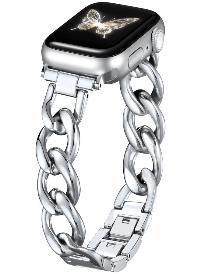 DaQin Gold Band Compatible with Apple Watch Bands for Women 40mm 38mm 41mm 42mm, Metal Chain Link Steel Replacement Accessories Bracelet for iWatch Bands Series 10 9 8 7 6 5 4 3 2 1 SE, Silver - Image 1
