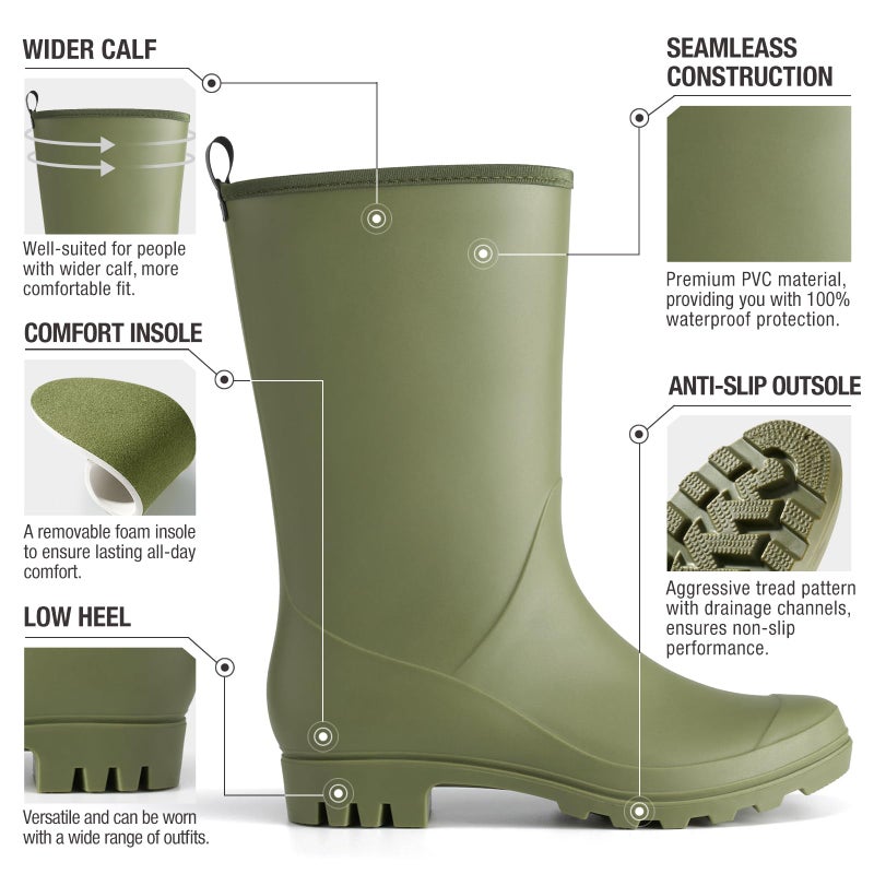 HISEA Women Rubber Boots Waterproof Wide Calf Rain Boots Mid-Calf PVC Rubber Rain Boot Matte Surface Seamless Mid Height Rain Shoes for Women's Rain Footwear Outdoor Garden Work Walking - Image 4