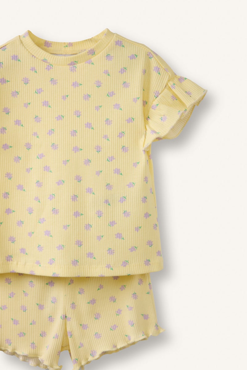 DeFacto Yellow BabyGirl Baby Girl 2 piece Regular Fit Crew Neck T-shirt and Shorts Set Casual - Image 2