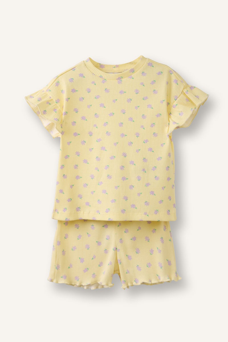 DeFacto Yellow BabyGirl Baby Girl 2 piece Regular Fit Crew Neck T-shirt and Shorts Set Casual - Image 1