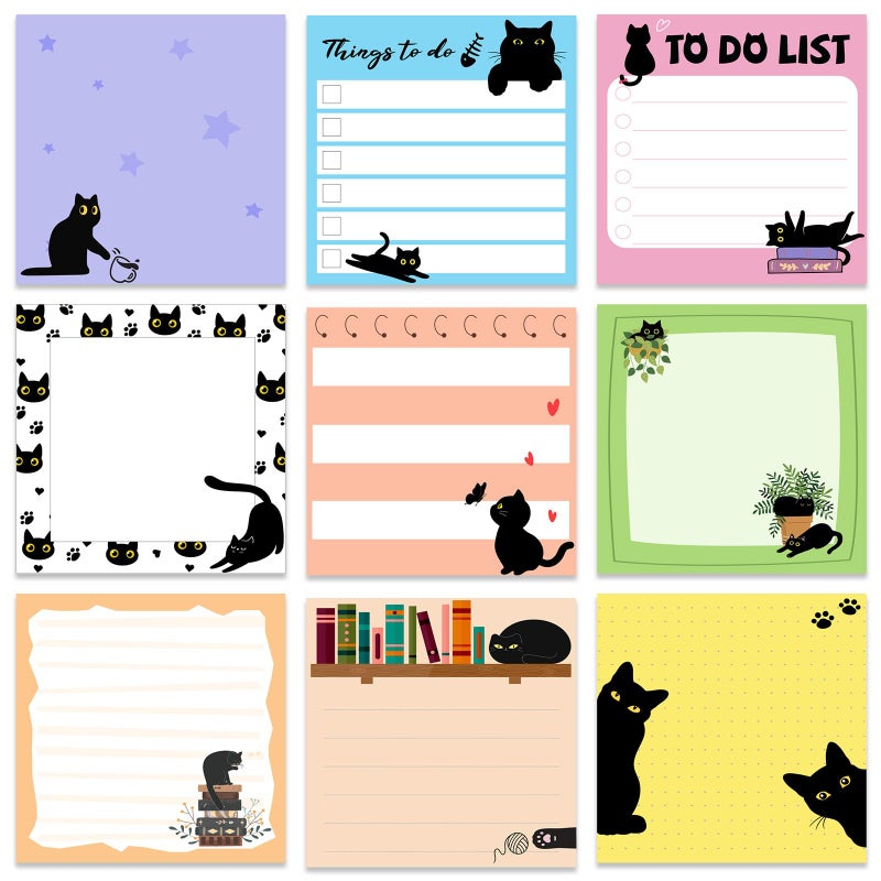 Saypacck 9 Pads Black Cat Sticky Notes 3x3 Inch Cute Self Stick Notepads Notes Adhesive Memo Pad Office Decor Gifts for Students School Teacher Meeting Office Supplies - Image 1