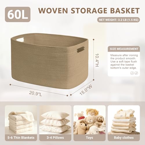 SunNewt 60L Small Wicker Laundry Basket for Living Room Storage,Boho Woven Cotton Rope Baskets for Kids Toy,Gifts,Square Blanket Hamper for Bedroom Dirty Clothes,Jute - Image 2