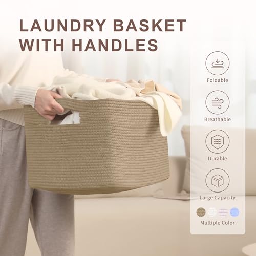 SunNewt 60L Small Wicker Laundry Basket for Living Room Storage,Boho Woven Cotton Rope Baskets for Kids Toy,Gifts,Square Blanket Hamper for Bedroom Dirty Clothes,Jute - Image 4
