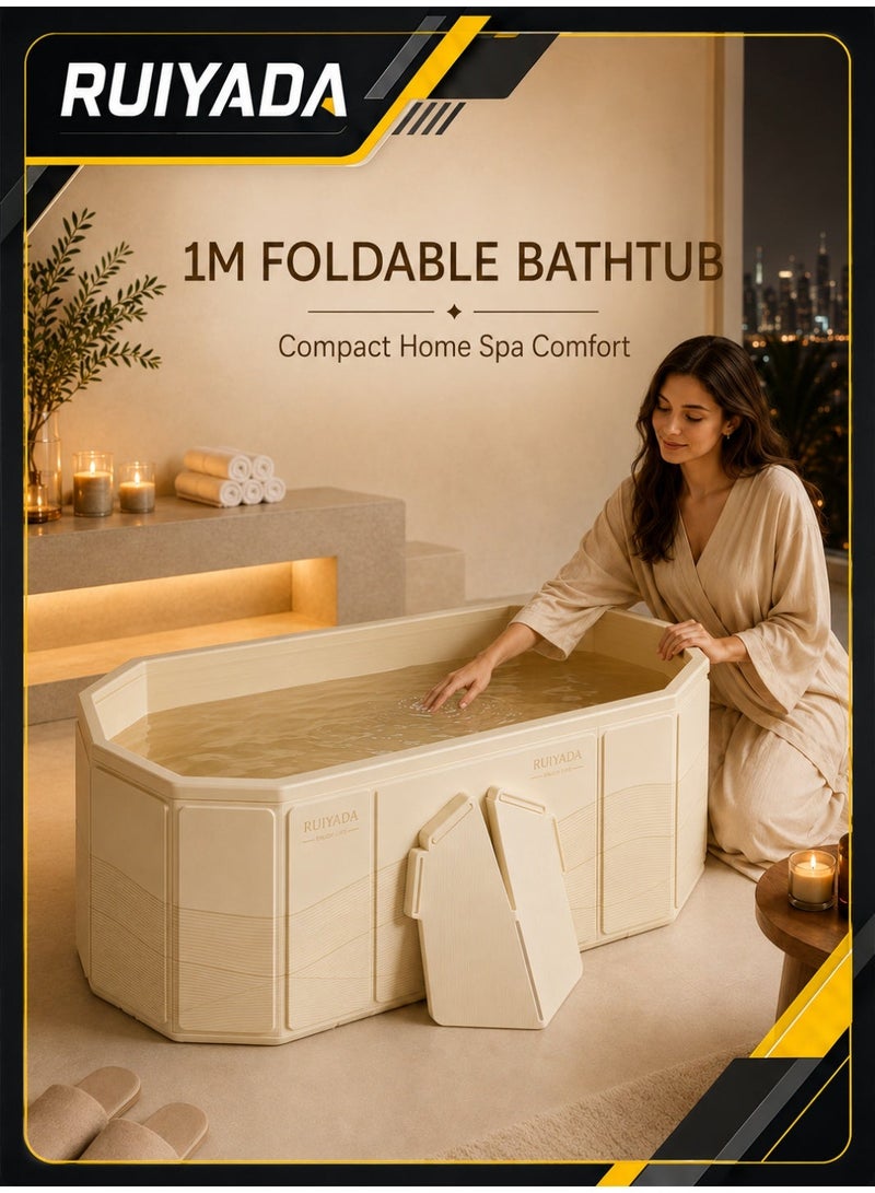 RUIYADA 1M Foldable Bathtub for Adults, Portable Home Spa Bath Tub with Stable Side Support, Quick Drainage, Space Saving Soaking Tub for Bathroom Relaxation, Champagne Beige - Image 1