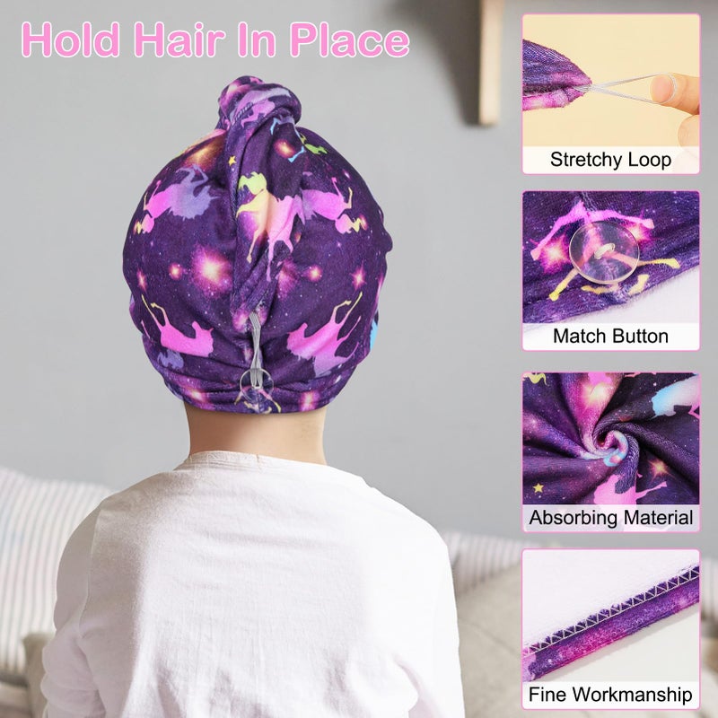 Basumee Microfiber Hair Towel Wrap for Kids 2 Pack Rapid Drying Hair Towel with Button Hair Turbans for Wet Hair Wraps Head Towel Wrap for Women and Girls, Dark Unicorn - Image 4