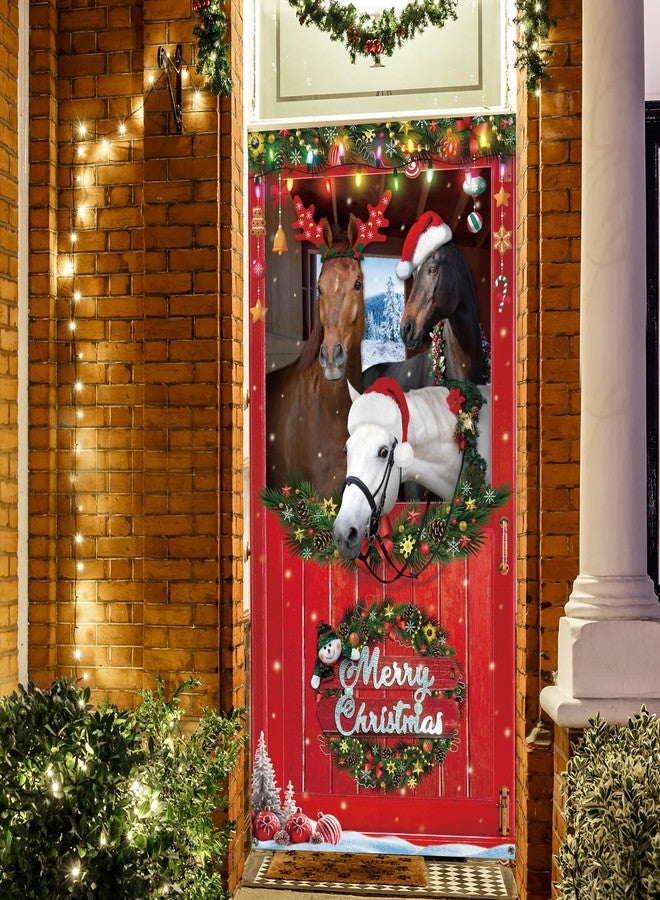 Zhanmai Horse Christmas Door Cover Decorations Fabric Merry Christmas Front Door Cover Farm animal christmas Party Hanging Banner Backdrop for Xmas Holiday New Year Party Supplies, 71 x 35 Inch - Image 4