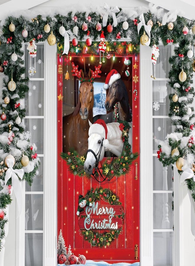 Zhanmai Horse Christmas Door Cover Decorations Fabric Merry Christmas Front Door Cover Farm animal christmas Party Hanging Banner Backdrop for Xmas Holiday New Year Party Supplies, 71 x 35 Inch - Image 1