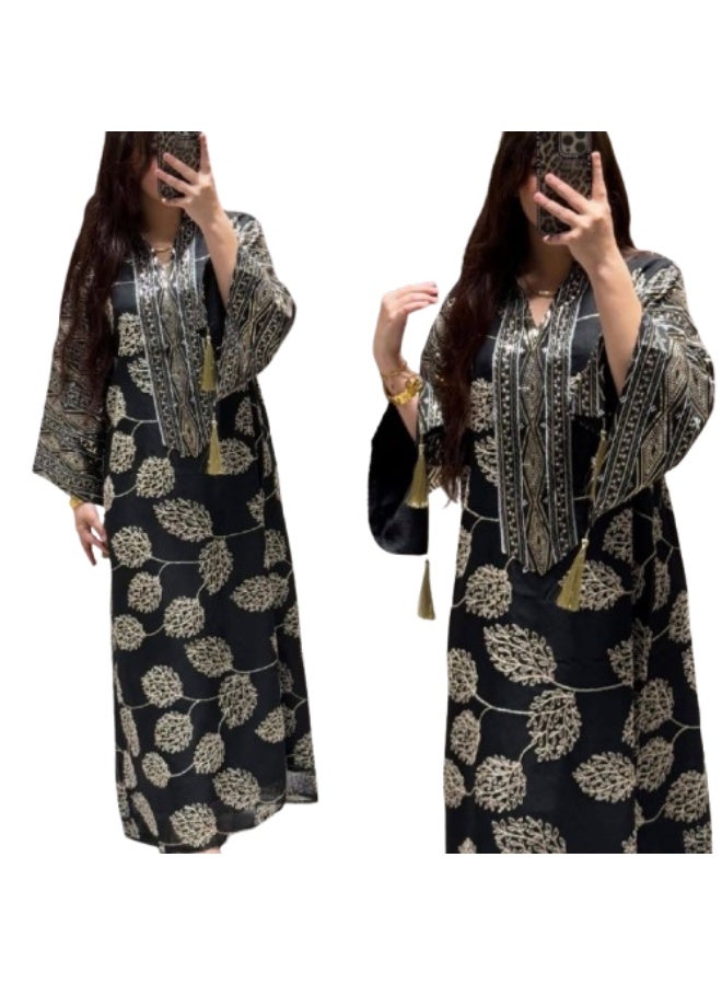 عباية حريمي مطرزة ستايل مغربي خامة كتان إسباني مستورد  تصميم واسع أنيق للمحجبات  كود 6370 مقاس 1: عرض 60 سم – مناسب حتى 85 كجم باللون الاسود - Image 3