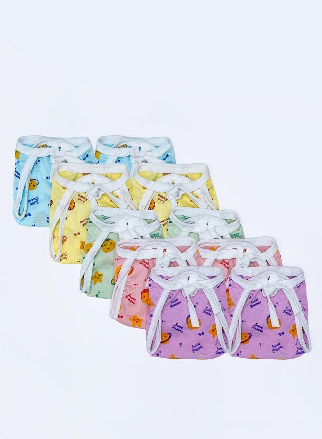 BUMSIES Washable Reusable Cotton Hosiery U-Shape Tie up Nappies/Langot for New Born Baby | Soft, Skin-Friendly & Eco-Friendly | 0-3 Months - Pack of 10, Multicolor Printed - Image 1