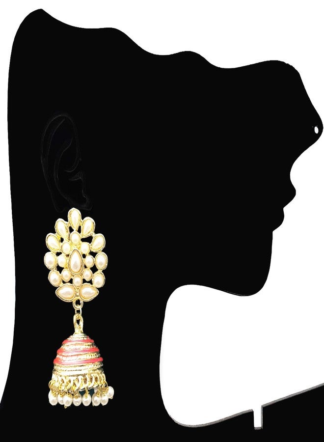 Moonstruck Traditional Fuschia Base Metal Pearl Jhumki Earring For Girls Women - Image 2