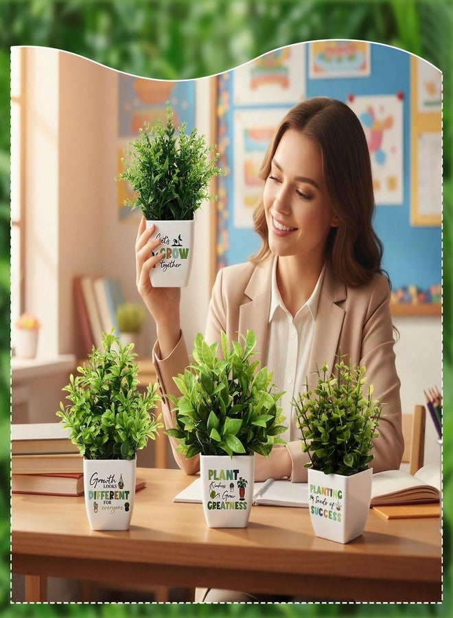 چوينت مجموعة نباتات اصطناعية من 4 قطع لتزيين الفصول الدراسية، مثالية للعودة إلى المدرسة، مع ملصقات ملهمة، نباتات خضراء اصطناعية صغيرة في أصص، مناسبة لمستلزمات المعلمين، لتزيين الفصول الدراسية والمكاتب. - Image 3