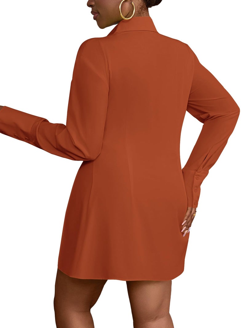 LYANER Women's Button Down Shirt Dress Collared Long Sleeve Sexy Tops Slit Hem Long Shirts Rust Red Large - Image 2
