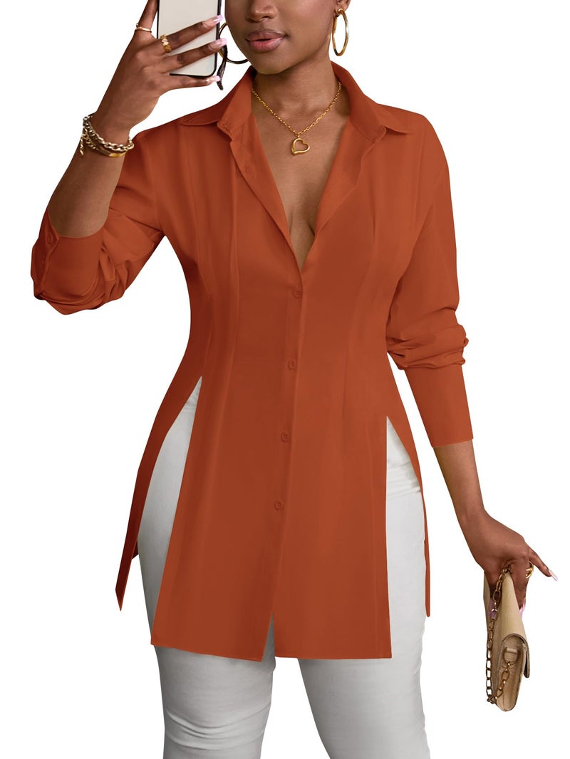 LYANER Women's Button Down Shirt Dress Collared Long Sleeve Sexy Tops Slit Hem Long Shirts Rust Red Large - Image 4