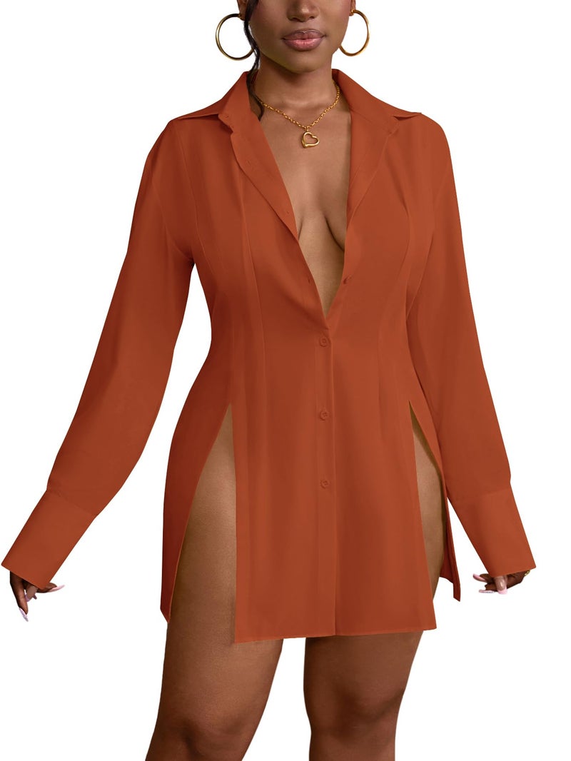 LYANER Women's Button Down Shirt Dress Collared Long Sleeve Sexy Tops Slit Hem Long Shirts Rust Red Large - Image 1