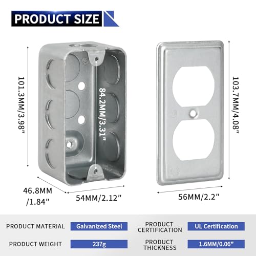 XGGYA Pack of 2 Metal Outlet Box 4 inch 1-Gang,Thickness 1.6mm,Electrical Outlet Boxes for 4×2-1/8×1-7/8",Raised Ground,8 * 1/2'' in Side and 2 * 1/2'' in Bottom Knockouts - Image 2