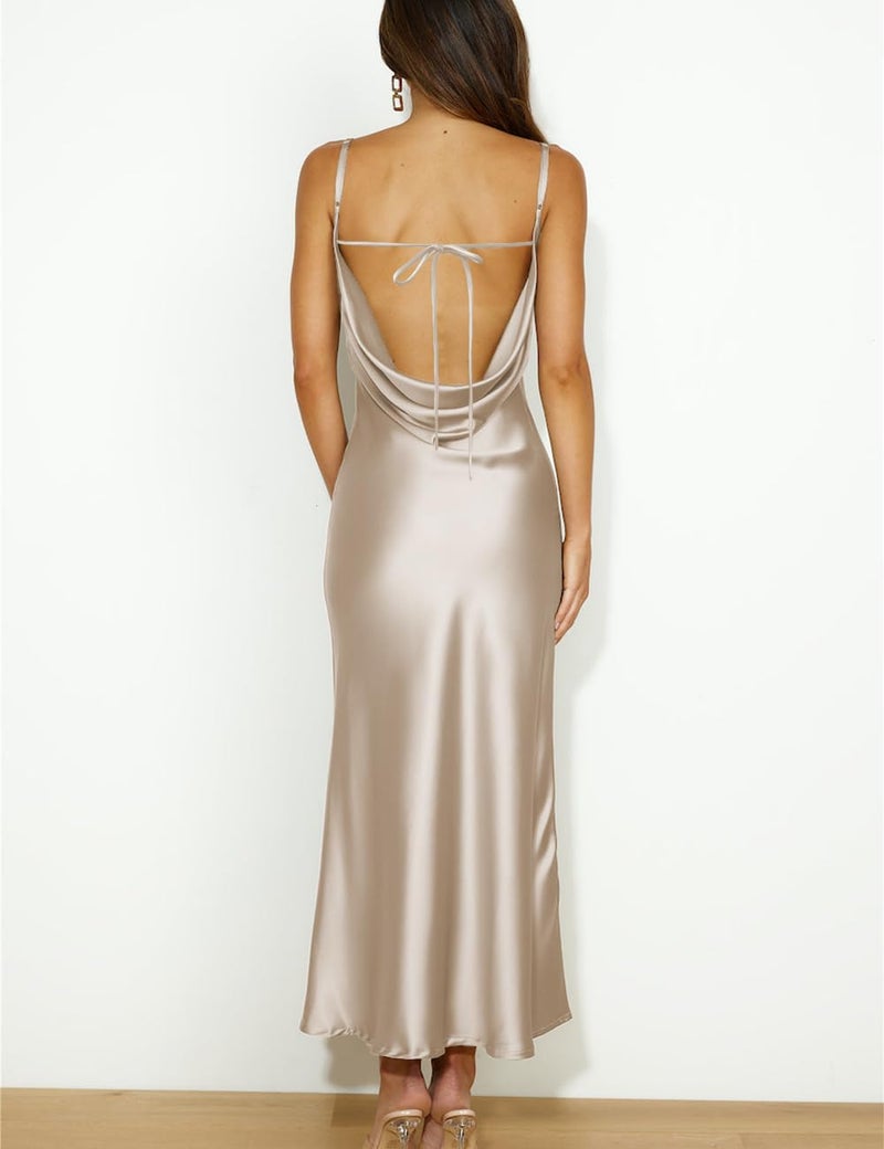Mogidol Summer Satin Spaghetti Strap Cowl Neck Backless Midi Dresses for Women Elegant Tie Low Back Ruched Cocktail Dress Champagne - Image 2
