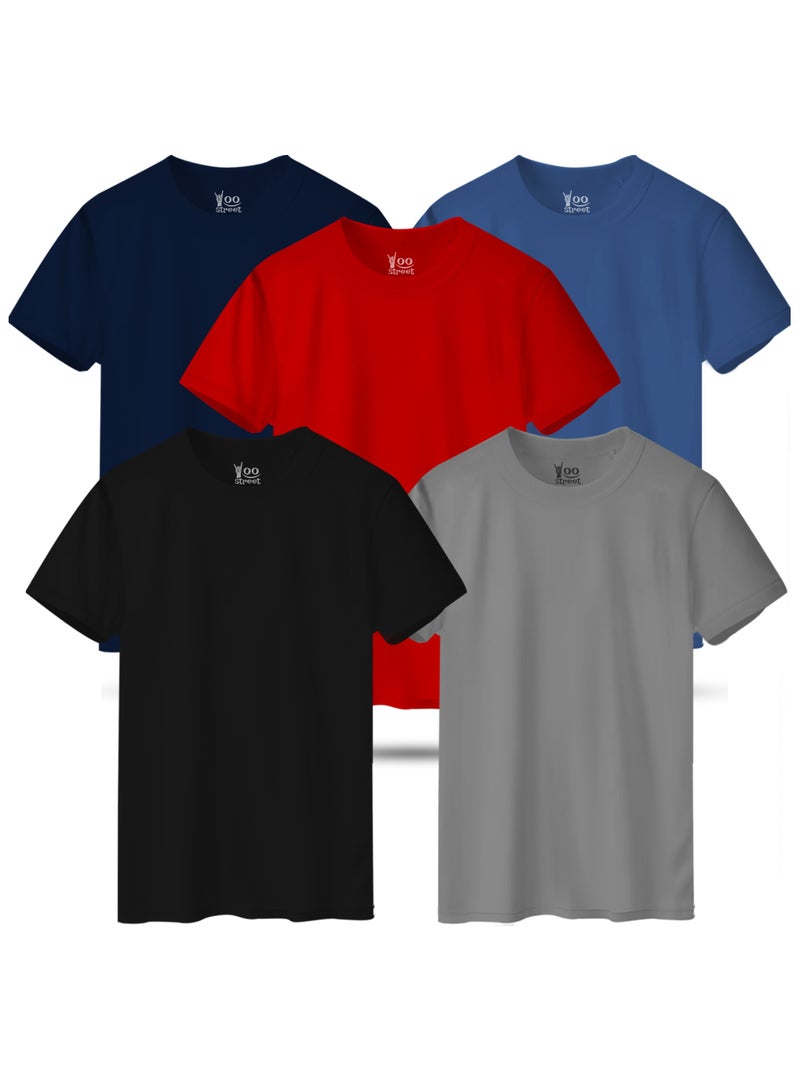 Yoo Street Bundle of 5 Classic T-Shirts -BLACK GRAY RED NAVY BLUE LIGHT INDIGO