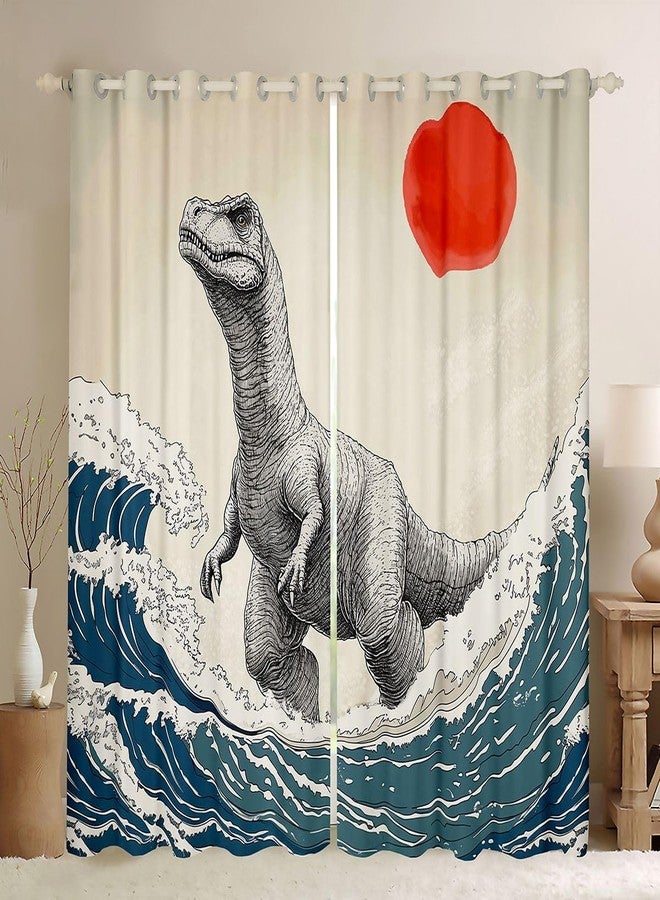 Feelyou Dinosaur Monster Window Curtains for Bedroom Living Room Japanese Ukiyoe Theme Curtains 30%-50% Blackout Cool Animal Window Drapes Asian Anime Window Treatments 42W X 63L,2 Panels - Image 1