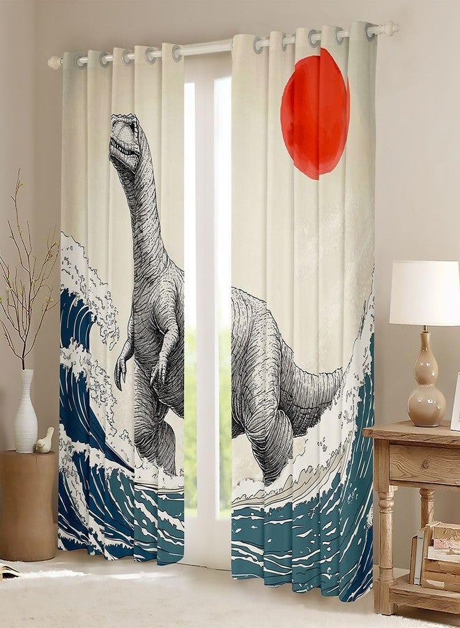 Feelyou Dinosaur Monster Window Curtains for Bedroom Living Room Japanese Ukiyoe Theme Curtains 30%-50% Blackout Cool Animal Window Drapes Asian Anime Window Treatments 42W X 63L,2 Panels - Image 2