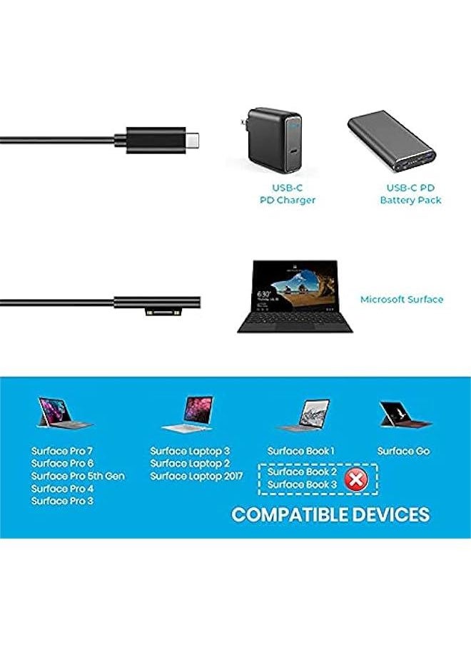 Surface Connect to USB-C Charging Braided Cable 15V/3A, Compatible with Microsoft Surface Pro 7/6/5/4/3, Surface Laptop 3/2/1, Surface Go, Surface Book (6FT)