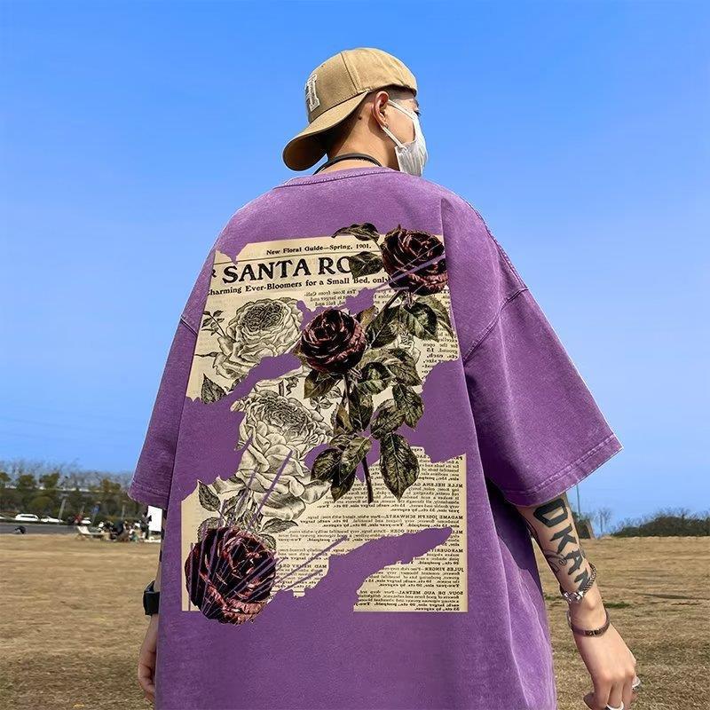 American Short-Sleeved T-Shirt Men'S Summer Heavy Washing Loose Plus Size Fashion Brand High Street Retro Rose Printed Half Sleeve - Image 1