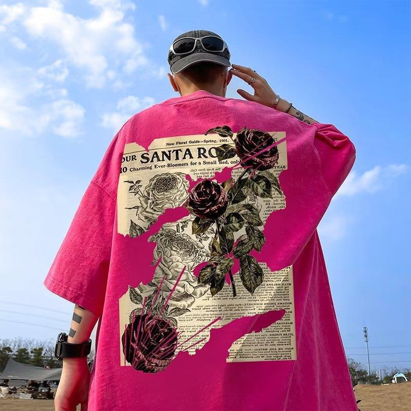 American Short-Sleeved T-Shirt Men'S Summer Heavy Washing Loose Plus Size Fashion Brand High Street Retro Rose Printed Half Sleeve - Image 4