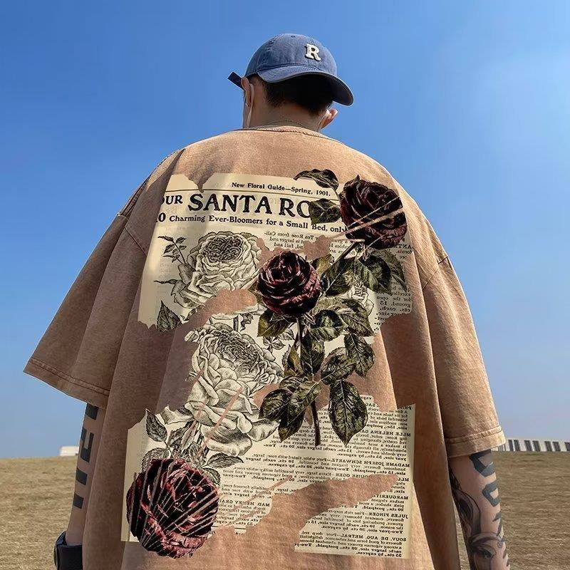 American Short-Sleeved T-Shirt Men'S Summer Heavy Washing Loose Plus Size Fashion Brand High Street Retro Rose Printed Half Sleeve - Image 3