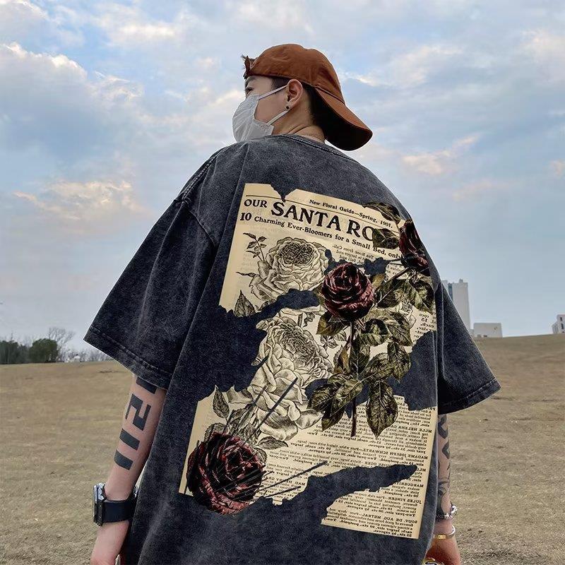American Short-Sleeved T-Shirt Men'S Summer Heavy Washing Loose Plus Size Fashion Brand High Street Retro Rose Printed Half Sleeve - Image 2