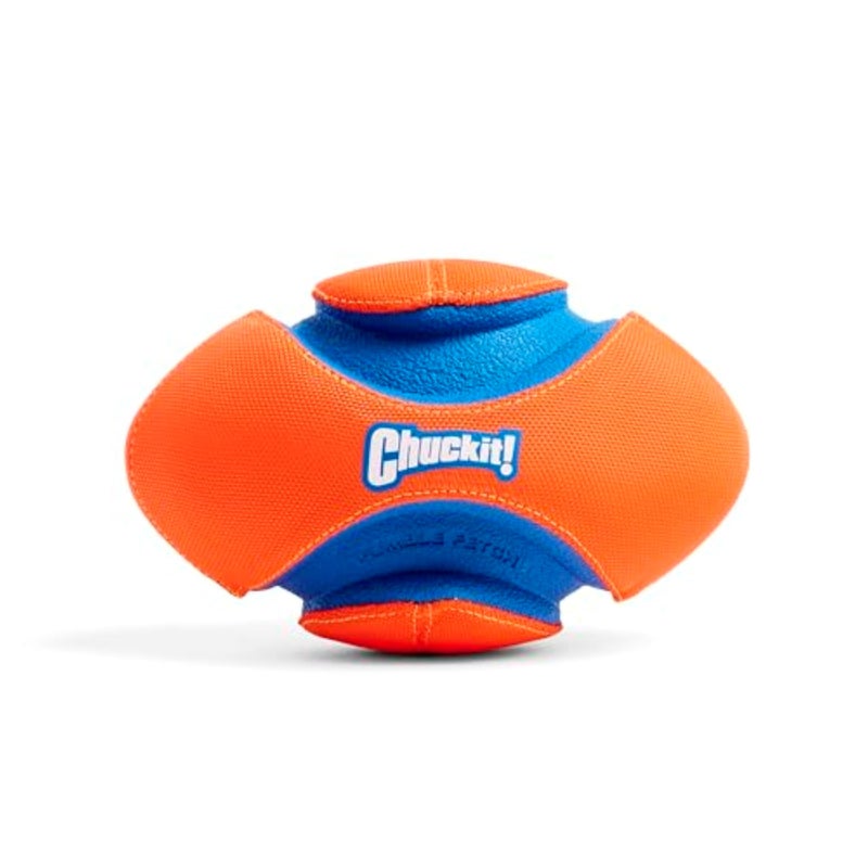 Chuckit! Fumble Fetch Dog Football - Outdoor and Indoor Interactive Dog Toy with Grooved Design for Easy Pickup - Made from Durable Rubber - Floats in Water - Small - Orange and Blue - Image 1