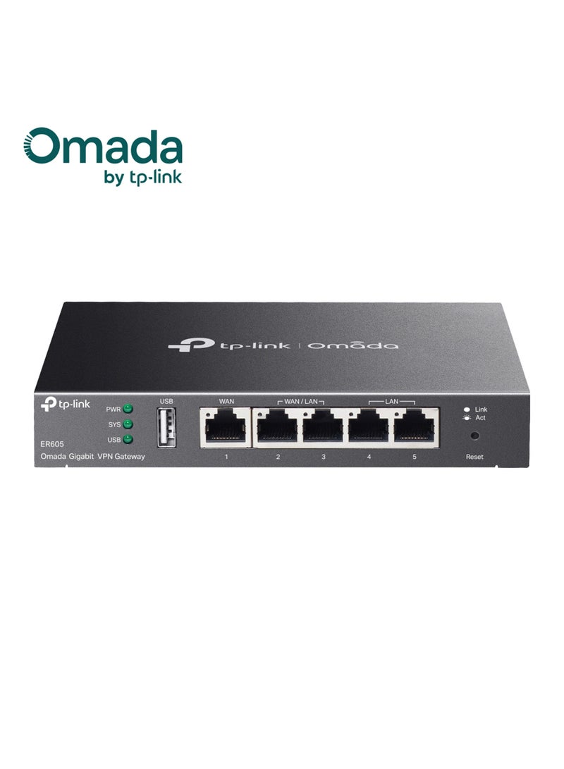 TP-LINK ER605 Omada Gigabit VPN Router, Integrated Into Omada SDN, Centralized Management, Five Gigabit Ports, 3 WAN Ethernet Ports, Highly Secure VPN, Abundant Security Features, TL-R605 Black - Image 1