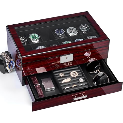 ANWBROAD 12 Slot Watch Cases for Men, Watch Box with Large Lid Jewelry Box with Watch Storage 2-Tier Paint Surface, Watch Holder Organizer for Men Lockable Watch Display Case UJWB001Y - Image 1