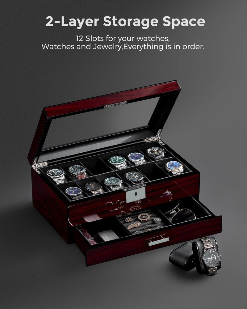 ANWBROAD 12 Slot Watch Cases for Men, Watch Box with Large Lid Jewelry Box with Watch Storage 2-Tier Paint Surface, Watch Holder Organizer for Men Lockable Watch Display Case UJWB001Y - Image 2