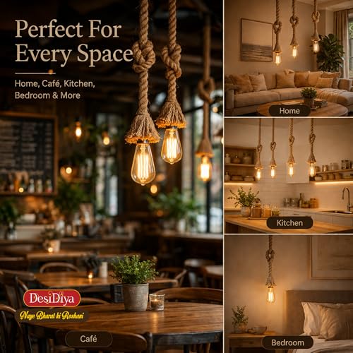 Desidiya Pendant Rope Lights E27 for Ceiling Hanging, Bulb Not Included- 40W, Pack of 2 (Beige) - Image 5