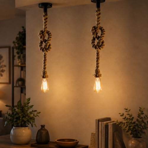 Desidiya Pendant Rope Lights E27 for Ceiling Hanging, Bulb Not Included- 40W, Pack of 2 (Beige) - Image 1