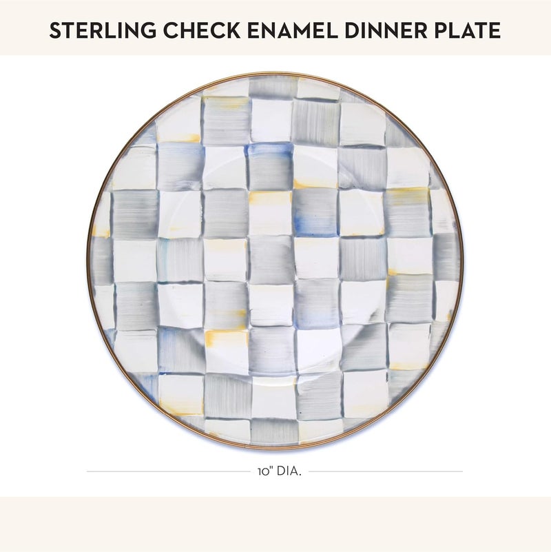 mackenzie childs MACKENZIECHILDS Enamel Dinner Plate Decorative Dinnerware Plate 10 Inches Set of 1 GrayandWhite Sterling Check - Image 4
