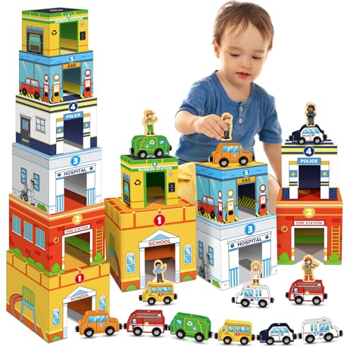 Aizweb Toddler SortingStacking Toys with Magnetic Wooden VehicleCarsCommunity HelpersSTEM Building BlocksEducational Learning Montessori Gifts for 1 2 3 Year Old Boys Girls Preschool Kindergarten - Image 1