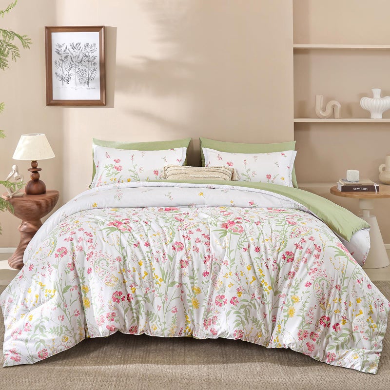 Yiran 7 Piece Pink Green Floral Comforter Set King Size, Cute Botanical Comforters Lightweight Coquette Bedding Set Flower Bed in a Bag Soft Farmhouse Bedding Set with Sheets for Women - Image 2