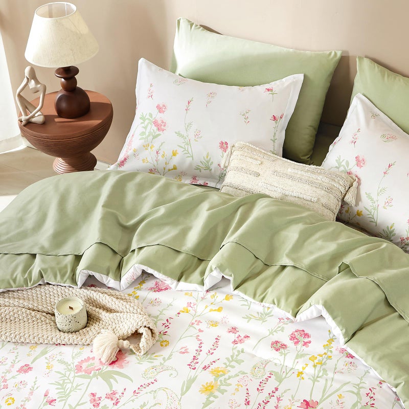 Yiran 7 Piece Pink Green Floral Comforter Set King Size, Cute Botanical Comforters Lightweight Coquette Bedding Set Flower Bed in a Bag Soft Farmhouse Bedding Set with Sheets for Women - Image 4