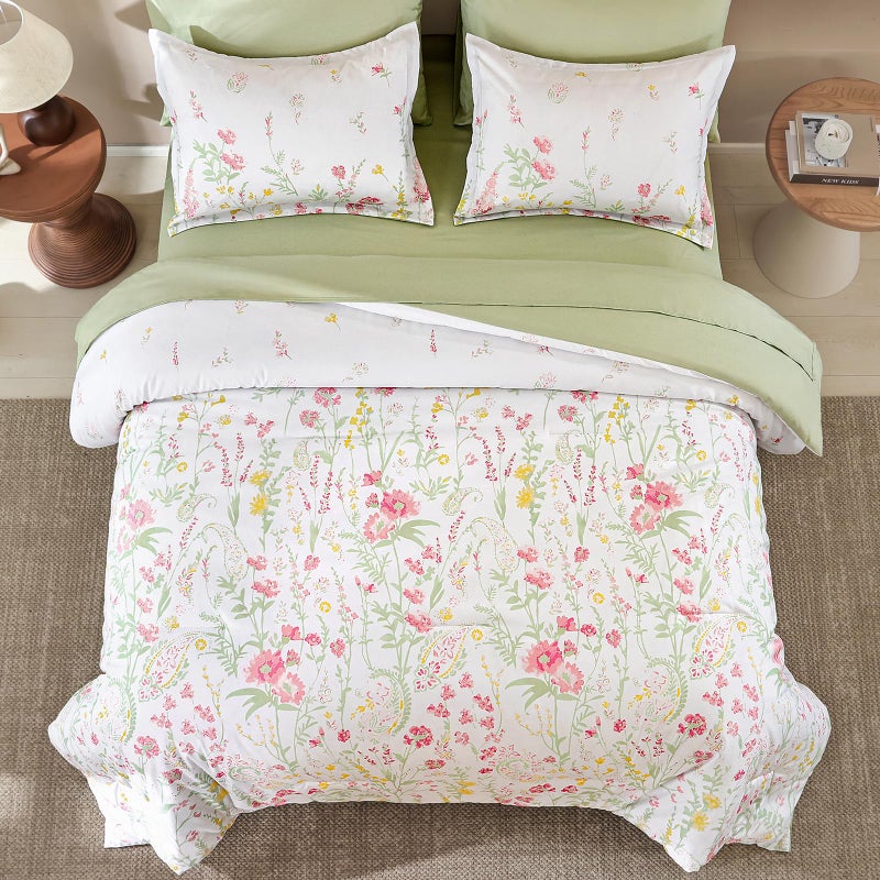 Yiran 7 Piece Pink Green Floral Comforter Set King Size, Cute Botanical Comforters Lightweight Coquette Bedding Set Flower Bed in a Bag Soft Farmhouse Bedding Set with Sheets for Women - Image 3