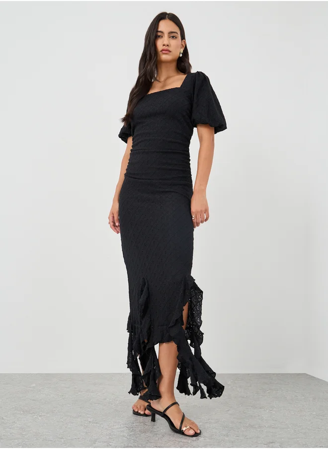 Styli Self Design Ruffled Asymmetric Hem Sheath Midi Dress