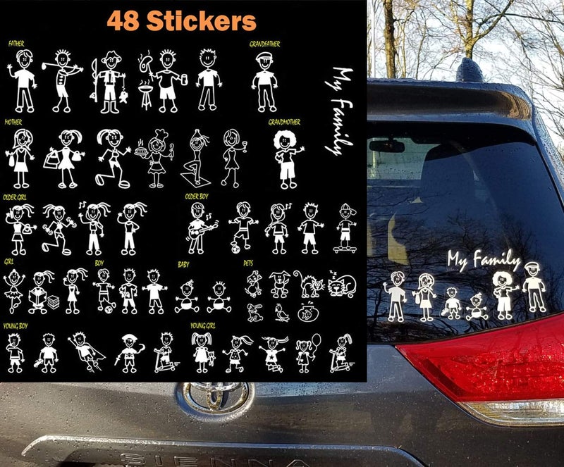 TOTOMO 48 Stick Figure My Family Car Stickers with Pet Dog Cat Fish Rabbit Bird Family Car Decal Sticker for Windows Bumper - Image 1