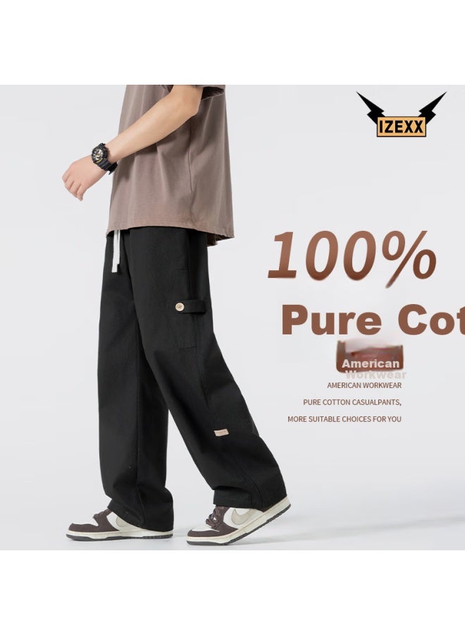 Izexx Men's Spring And Summer Straight-leg Cotton Work Pants, Versatile Fashion Street Loose Casual Trousers Iz45 Black 3XL - Image 1