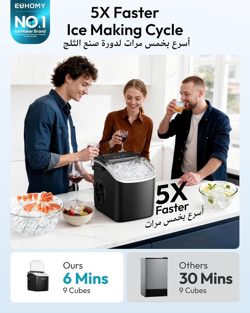 EUHOMY Ice Maker Countertop with Handle 9 Cubes in 6 Mins 12Kg/Day Self-Cleaning Portable Ice Machine with Ice Scoop & Basket & Clear View for Home/Kitchen/Party/Office/RV - Image 2