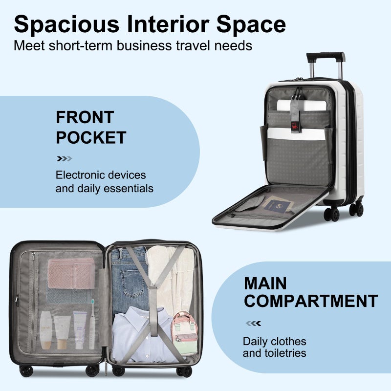 CENSIEN Expandable Carry On Luggage Airline Approved, 20 Inch Lightweight ABS+PC Hard Shell Suitcases with Front Pocket, Spinner Wheels, TSA Lock (White, 1PC) - Image 4