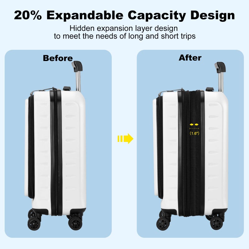 CENSIEN Expandable Carry On Luggage Airline Approved, 20 Inch Lightweight ABS+PC Hard Shell Suitcases with Front Pocket, Spinner Wheels, TSA Lock (White, 1PC) - Image 2